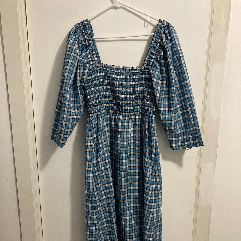 Seersucker Gingham Smock Midi Dress -  Blue US8/10